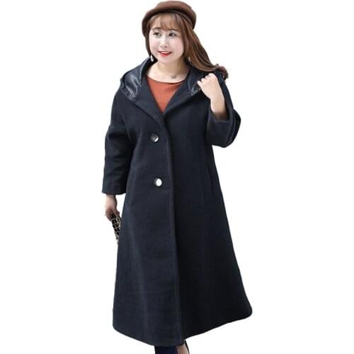 2019 Autumn Winter Oversize Woolen Coat Women Hooded Outerwear Female Black red Woolen Jacket Long Coats Plus size 4XL-8XL G752