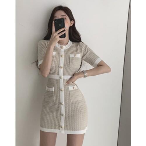 2020 Summer Korean Elegant Knitting Bodycon Sweater Dress Women Sexy Single Breasted Short Sleeve Sheath Mini Knitting Dresses