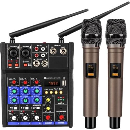 4 Channel Audio Mixer Console with Wireless Microphone Sound Mixing with Bluetooth USB Mini Dj Mixer+Wireless Karaoke