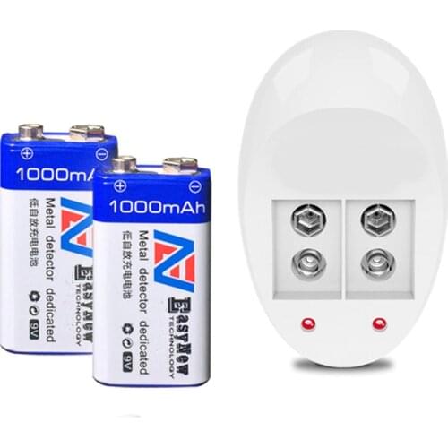 New 2PCS 9V rechargeable battery large capacity 1000mAh lithium ion rechargeable battery + 1PCS smart 9 V charger