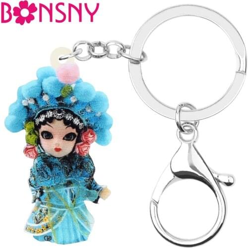 Bonsny Acrylic Chinese Beijing Opera Keychains Sweet Cartoon Girls Key Chain Jewelry For Women Lover Kids Funny Gift Bag Charms