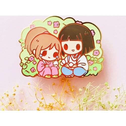 Haku and Chihiro Hard Enamel Pin Cartoons Animal Golden Brooch Cute Pastel Plant Grass Flowers Pins Spirited Away Anime Fan Gift
