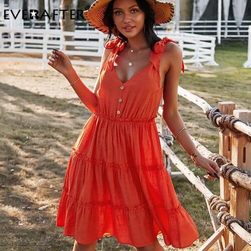 EVERAFTER Sexy V-Neck Women Dress Boho Solid Color High Waist Summer Dress Ladies Sleeveless Ruffles Sundress Beach Midi Dresses