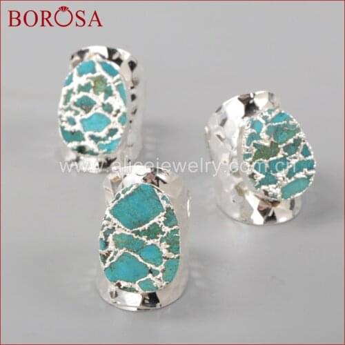 BOROSA Silver Plated Natural Blue Stone Band Ring, 2019 Drusy Stone Bang Ring Jewelry for Women Gifts for Wedding S1284