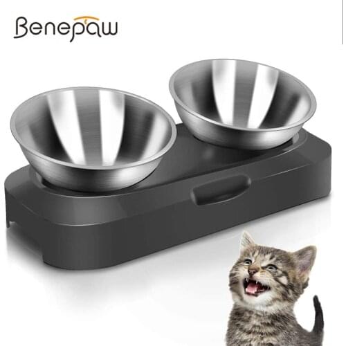 Benepaw Stainless Steel Elevated Cat Bowl With Stand Double Adjustable Tilted Non Slip Food Water Kitten Pet Feeder Removeable