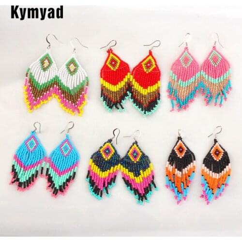Kymyad Ethnic Colorful Beads Earrings Retro Handmade Bohemia Long Earring Women Statement Rhombus Beaded Earings Fashion Jewelry