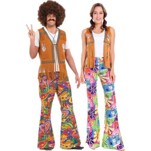 Mens Women Tassels Hippie Costumes Vintage 1970s 70s Indian Halloween Costumes Dance Performance Holiday