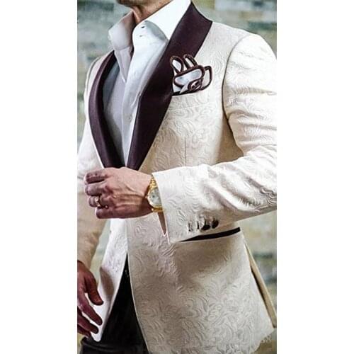 Men Suits Designers 2019 Ivory Jacquard Men Suit Shawl Lapel Tuxedo Formal Groom Blazer Slim Fit 2 Piece Suit Men For Wedding