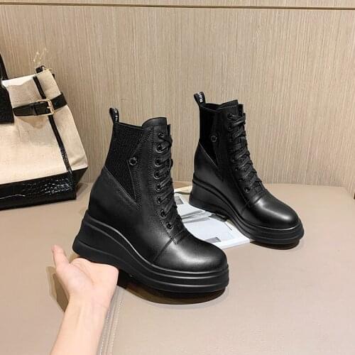 New winter Japan South Korea ankle Women boots Genuine leather 8cm wedges Fashion boots increased Women shoes High help