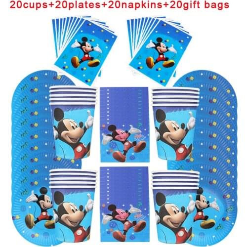 80pcs Disney Mickey Mouse Disposable Tableware kids Birthday Party Paper Cups +Plates+Napkins+Giftbags Sets Party Supplies