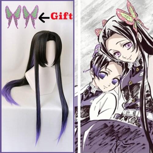 Anime Comic Demon Slayer Kimetsu no Yaiba Cosplay Wigs Kochou Kanae Cosplay Wig Heat Resistant Synthetic Wig Black Long Hairs
