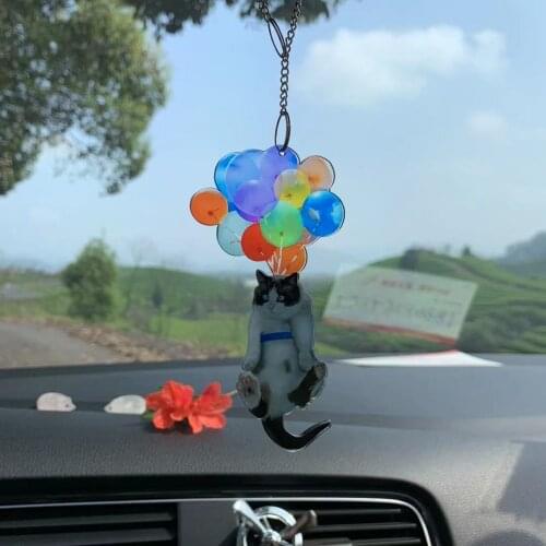 Lucky Cat Car Hanging Ornament with Colorful Balloon Cat Pendant Ornamental Acrylic Car Interior Decoration Accessories