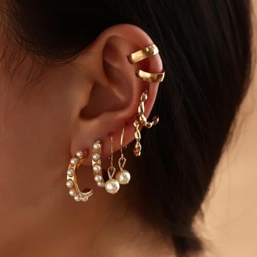 Fashion Gold Color Pearl Rhinestone Ear Cuffs Clip Hoop Earrings for Women Men Vintage Geometric Stud Earring Set 2021