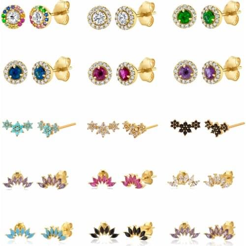 925 Silver Ear Needle Crystal Flower Stud Earring for Women Gold Color Star Black Blue Turquoise CZ Earring Fashion Jewelry Gift