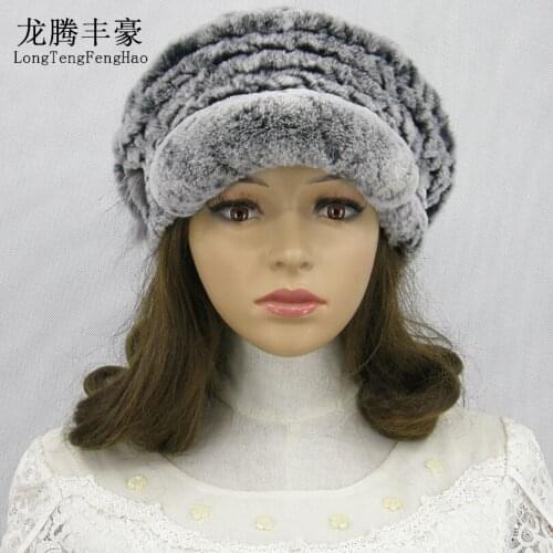 Warm Winter Womens Cap Real Rabbit Knitted Hat With flower Pompom Causal Female Beanies Rex Rabbit Fur Caps For Girls