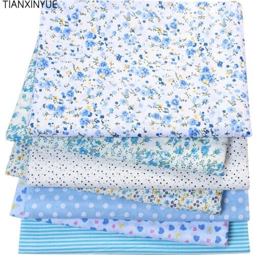 TIANXINYUE 7 pcs/lot Blue color 100% Cotton Fabric for Sewing Patchwork Kids Bags Baby toy DIY flower love Fabric