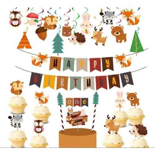 41pcs Forest Animal Theme Party Decoration Garland Banner, Fox Cake Decoration Insert Birthday Decorations
