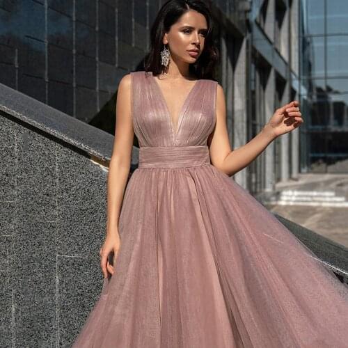 Tulle A-Line Evening Dresses Long 2021 Women Sexy Sleeveless Deep V-Neck Backless Prom Gowns Plus Size Custom vestidos de fiesta