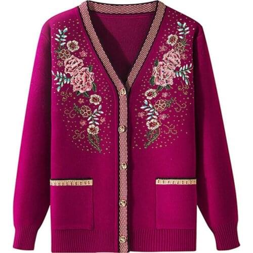Large Size 4XL Embroidery Floral Knit Sweater Female Cardigans Coat Grandmother Loose Pocket Sweater Outwear Tops