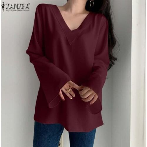 Women Vintage Solid Blouse Summer Tunic Tops ZANZEA Elegant V Neck Long Sleeve Shirt Casual Loose Baggy Blusas 2021 Chemise Tops