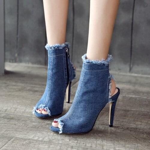 YMECHIC 2018 Fashion Summer Women Shoes Office Lady Denim Fringe Thin High Heels Peep Toe Gladiator Sandals Party Heeled Boot