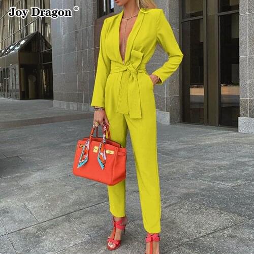 Womens Casual Long Jumpsuits 2021 Fashion Elegant Autumn Long Sleeve Black Bodysuit Deep V Solid Color Overalls Rompers Suit