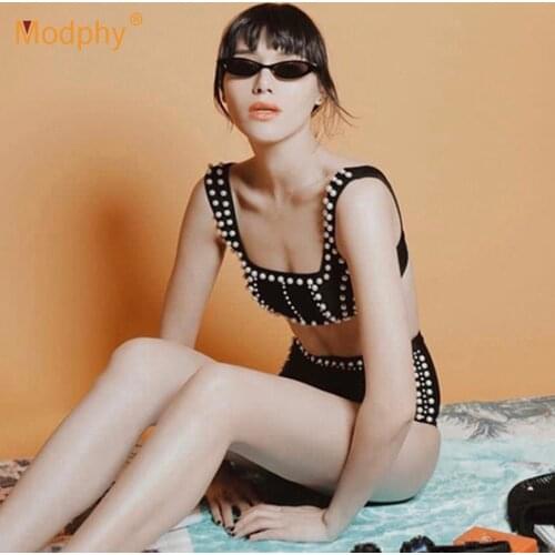 2020 New Fashion WomenS Beaded Black Bandage Set Beach Vacation Style Two-Piece Sexy Square Collar Sleeveless Vest Briefs Set