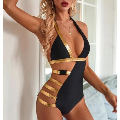 Newest arrival Summer Women Swimwear Deep V-Neck Hollow Out Patchwork Sleeveless Beachwear for Summer
