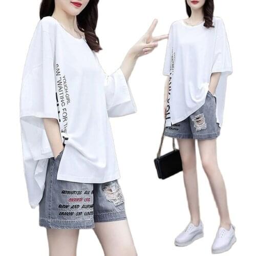 Set 2021 Summer New Style Korean Tracksuit Women Loose Plus Size Fashion Casual Denim Shorts T-shirt Two Piece Set Women