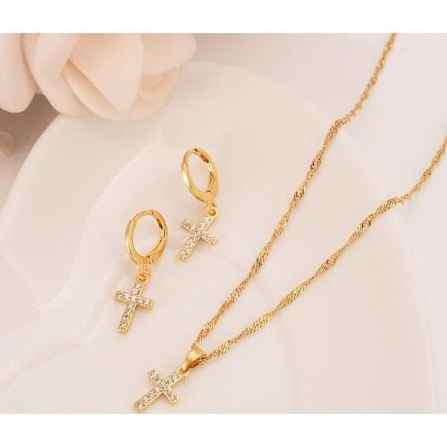 Gold cz Cross Jewelry Set Women Charms Jewelry Girls white stone pendant necklace earrings wedding bridal party gifts