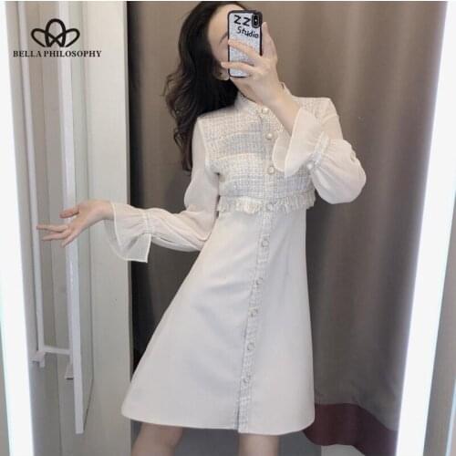 Bella Philosophy Autumn Women Elegant O-neck Dress Office Lady Butterfly Sleeve Dresses Female Botton Chiffon patchwork Vestidos