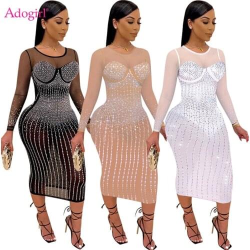 Adogirl Diamonds Sheer Mesh Midi Party Dress Women Sexy Long Sleeve Bodycon Night Clubwear Birthday Outfits Plus Size S-5XL
