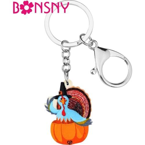 Bonsny Acrylic Thanksgiving Anime Pumpkin Turkey Chicken Key Chains Rings Car Purse Bag Decoration Keychain For Women Girls Gift