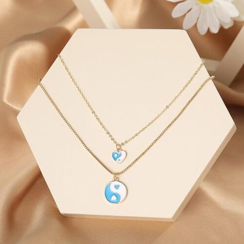 Chinese Style Taiji Double Layer Gold Chain Necklace 4-Color Optional Round Heart Pendant Accessories Romantic Punk Jewelry Gift