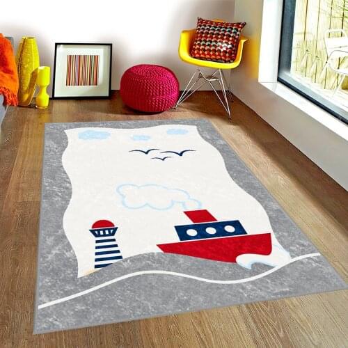 Gri Çocuk Odası Halısı gemi deniz deniz kulesi okyanus su kuş bulut gökyüzü beyaz gri halı