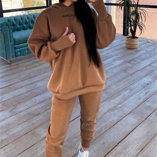 Fleece Print Hoodies Trousers Womens Set 2021 Autumn Loose Long Pullovers Sweatpants Suits Female Casual Street Sport Sets