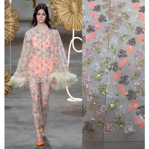 2019 Latest Milan fashion fabric Sequins Lace Fabric for Women Wedding Dress African Lace Fabrics with Sequins French