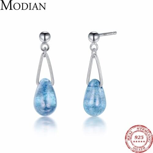 Modian 100% 925 Sterling Silver Blue Crystal Sparkling Stud Earrings Fashion Water Drop Jewelry For Women Fashion Silver Earring