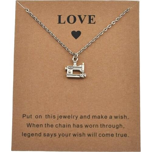 New Creative Tool Antique Silver Color Sewing Machine Pendant Necklace for Women Make a Wish Love Card Punk Style Jewelry Gifts
