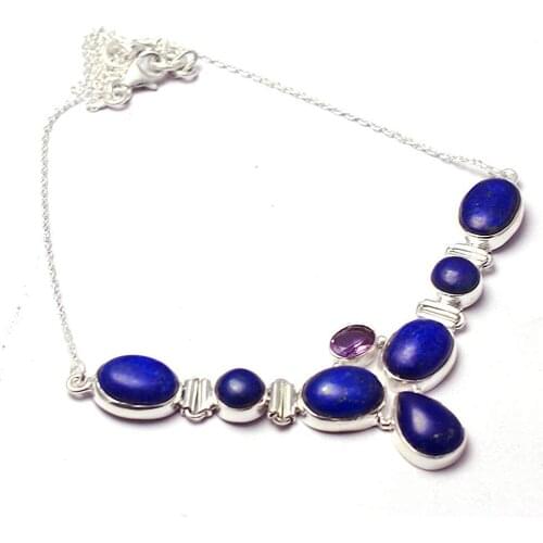 Genuine Lapis Lazuri + Amethyst Necklace 925 Sterling Silver, 48 cm, MHBNE0173