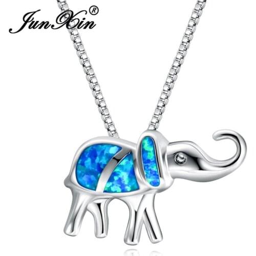 Cute Animal Elephant Pendant Necklaces For Women Men Silver Color White Blue Fire Opal Necklace Female Party Birthstone Jewelry