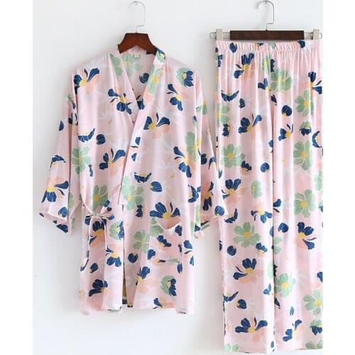 New Kawaii Floral Kimono Pajamas Set Ladies 100% Cotton Sleepwear Japanese Home Clothes Pyjamas Women Print Two Piece Pajama Set