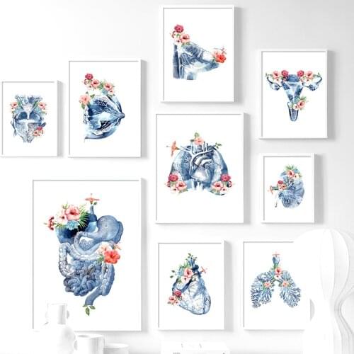 Blue Flower Human Organs Anatomy Breast Lung Nordic Posters And Prints Wall Art Canvas Painting Wall Pictures For Doctors Decor
