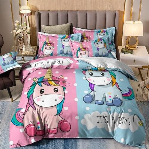 Unicorn Bedding Set Pink And Blue Single Double Duvet Cover Set Cute Queen King Twin Full Size Bed Linen For Child Girl Home Bed