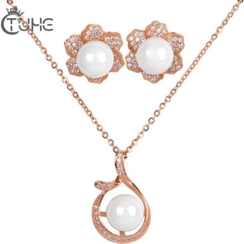 New Fashion Flower Earrings Water Drop Necklace 585 Rose Gold Cubic Zirconia Ceramic Wedding Jewelry Sets Jewelry Wedding Gift