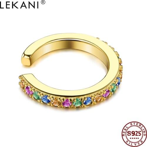 LEKANI 925 Sterling Silver Gold Color Clip Earrings For Women Round Clear Cubic Zirconia Earring Wedding Fine Jewelry Hot Sale