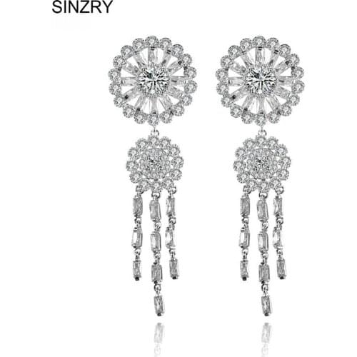 SINZRY new Hotsale Clear white color Cubic zircon Micro paved sunflower tassel wedding Drop Earrings for Women