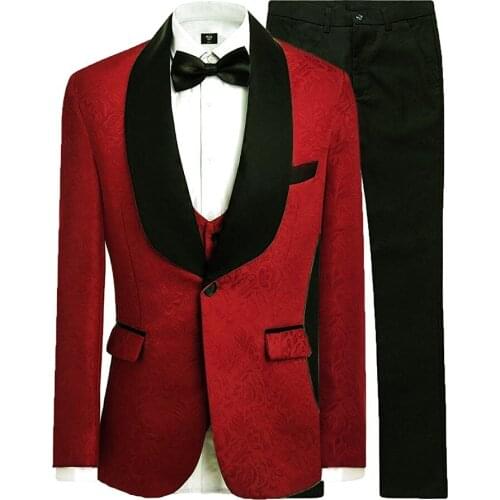 Custom Made Groomsmen Red and Black Groom Tuxedos Shawl Satin Lapel Men Suits Wedding 3 Pieces ( Jacket+Pants+Vest+Tie ) D191