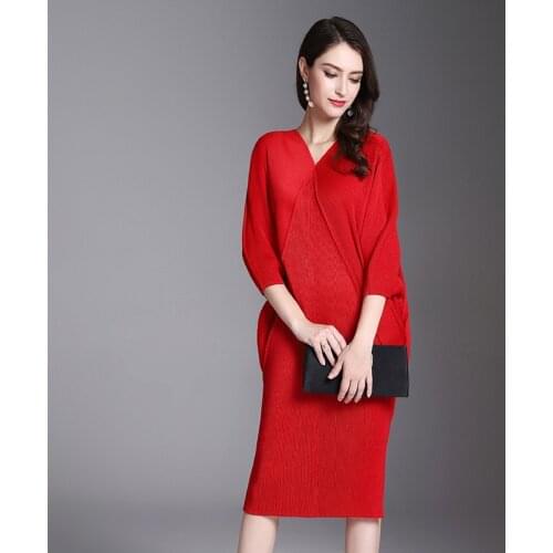 TianPei Office Lady korean high fashion dress Pleated bodycon dress Batwing Sleeve V-Neck dress loose plus size formal dress