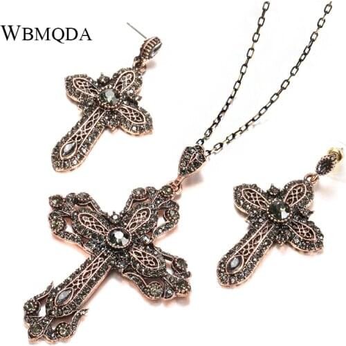 Wbmqda Noble Gray Crystal Cross Necklace Drop Earring for Women Vintage Jewelry Set Antique Gold Necklace Bijoux Religious Gift